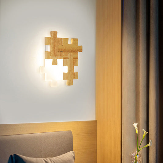 Jigsaw Puzzle Sconce Light Simple LED Wood Wall Lighting Fixture with Opal Glass Shade for Bedroom Wood Clearhalo 'Modern wall lights' 'Modern' 'Wall Lamps & Sconces' 'Wall Lights' Lighting' 2038787