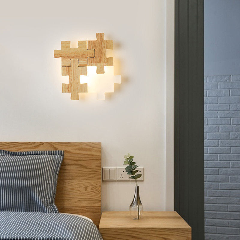 Jigsaw Puzzle Sconce Light Simple LED Wood Wall Lighting Fixture with Opal Glass Shade for Bedroom Clearhalo 'Modern wall lights' 'Modern' 'Wall Lamps & Sconces' 'Wall Lights' Lighting' 2038788