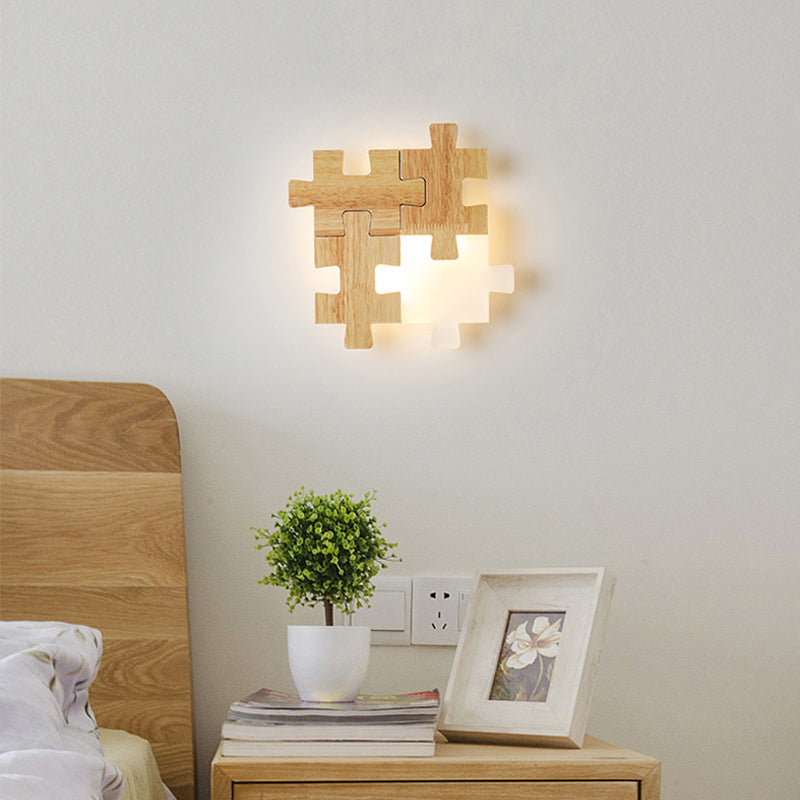 Jigsaw Puzzle Sconce Light Simple LED Wood Wall Lighting Fixture with Opal Glass Shade for Bedroom Clearhalo 'Modern wall lights' 'Modern' 'Wall Lamps & Sconces' 'Wall Lights' Lighting' 2038789