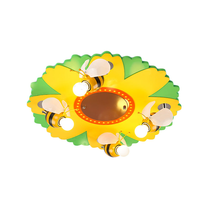 Cartoon Sunflower Ceiling Mount Light with Bee Metal 4 Lights Yellow Ceiling Lamp for Bedroom Clearhalo 'Ceiling Lights' 'Close To Ceiling Lights' 'Close to ceiling' 'Flush mount' Lighting' 203879