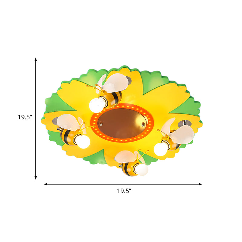 Cartoon Sunflower Ceiling Mount Light with Bee Metal 4 Lights Yellow Ceiling Lamp for Bedroom Clearhalo 'Ceiling Lights' 'Close To Ceiling Lights' 'Close to ceiling' 'Flush mount' Lighting' 203880