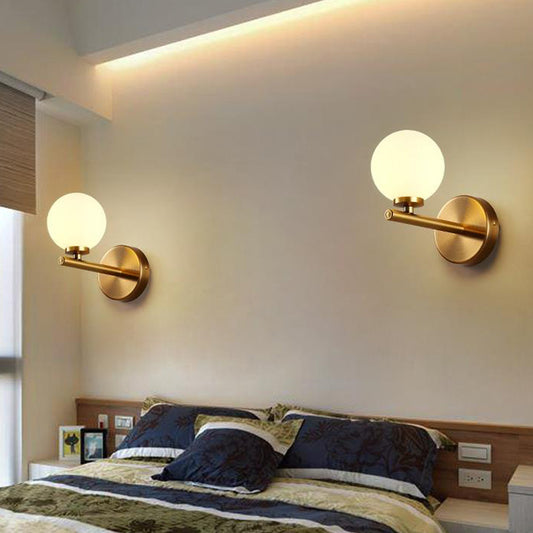 Spherical Wall Lighting Contemporary White Glass Bedside Wall Light Fixture in Gold 1.0 Gold A Clearhalo 'Cast Iron' 'Glass' 'Industrial' 'Modern wall lights' 'Modern' 'Tiffany' 'Traditional wall lights' 'Wall Lamps & Sconces' 'Wall Lights' Lighting' 2038857