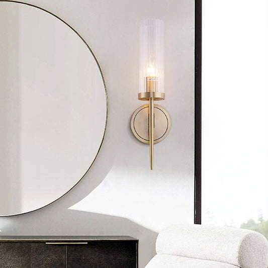 Simple Cylinder Wall Lamp Clear Fluted Glass Wall Mount Light Fixture in Gold Clearhalo 'Cast Iron' 'Glass' 'Industrial' 'Modern wall lights' 'Modern' 'Tiffany' 'Traditional wall lights' 'Wall Lamps & Sconces' 'Wall Lights' Lighting' 2038939