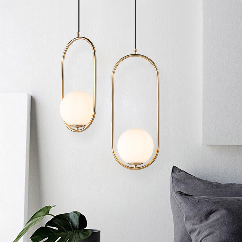 Opal Glass Globe Drop Pendant Modern 1-Bulb Gold Hanging Light Kit with Oval Frame Gold Large Clearhalo 'Ceiling Lights' 'Glass shade' 'Glass' 'Modern Pendants' 'Modern' 'Pendant Lights' 'Pendants' Lighting' 2038989