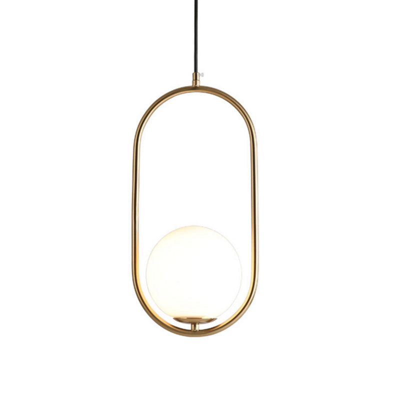 Opal Glass Globe Drop Pendant Modern 1-Bulb Gold Hanging Light Kit with Oval Frame Clearhalo 'Ceiling Lights' 'Glass shade' 'Glass' 'Modern Pendants' 'Modern' 'Pendant Lights' 'Pendants' Lighting' 2038993