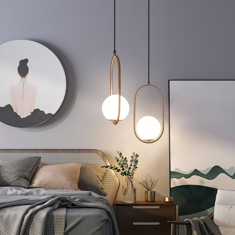 Gold Sphere Drop Lamp Contemporary 1 Bulb Cream Glass Hanging Ceiling Light for Bedroom Gold B Clearhalo 'Ceiling Lights' 'Glass shade' 'Glass' 'Modern Pendants' 'Modern' 'Pendant Lights' 'Pendants' Lighting' 2039010