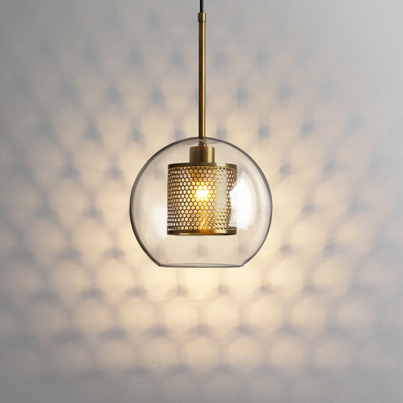 Clear Glass Orb Pendant Lighting Modernity 1 Head Hanging Ceiling Light with Inside Mesh Cage Clearhalo 'Ceiling Lights' 'Glass shade' 'Glass' 'Modern Pendants' 'Modern' 'Pendant Lights' 'Pendants' Lighting' 2039047