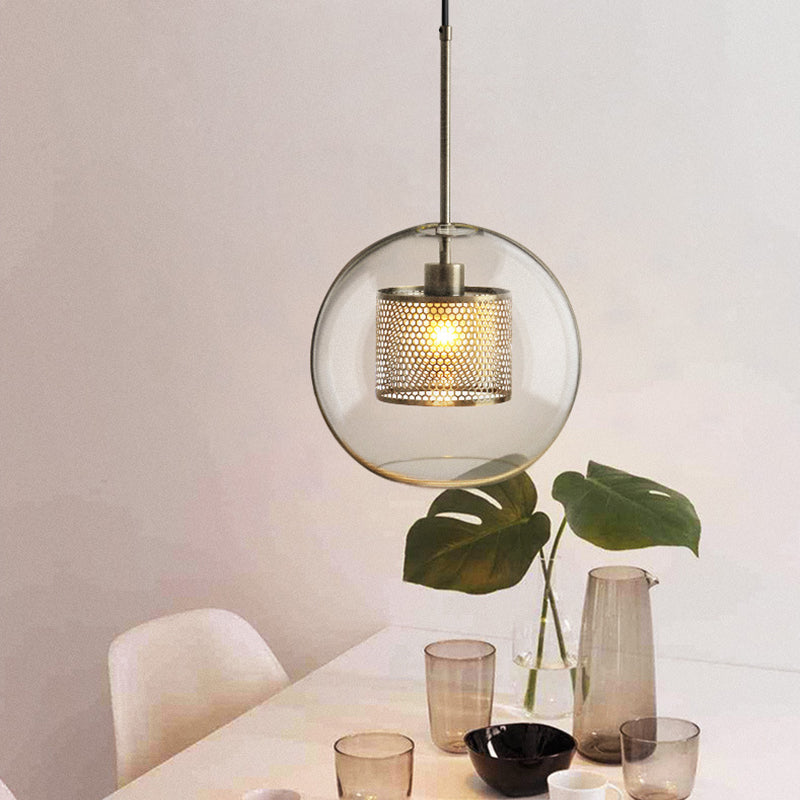 Clear Glass Orb Pendant Lighting Modernity 1 Head Hanging Ceiling Light with Inside Mesh Cage Silver Gray A Clearhalo 'Ceiling Lights' 'Glass shade' 'Glass' 'Modern Pendants' 'Modern' 'Pendant Lights' 'Pendants' Lighting' 2039048