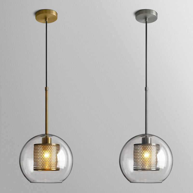 Clear Glass Orb Pendant Lighting Modernity 1 Head Hanging Ceiling Light with Inside Mesh Cage Clearhalo 'Ceiling Lights' 'Glass shade' 'Glass' 'Modern Pendants' 'Modern' 'Pendant Lights' 'Pendants' Lighting' 2039049