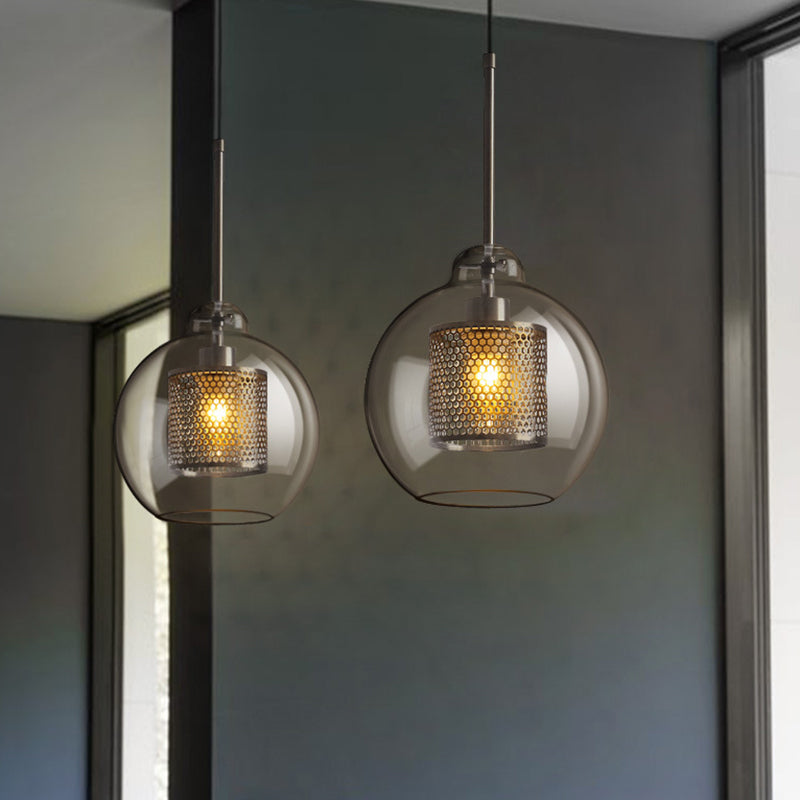 Clear Glass Orb Pendant Lighting Modernity 1 Head Hanging Ceiling Light with Inside Mesh Cage Silver Gray B Clearhalo 'Ceiling Lights' 'Glass shade' 'Glass' 'Modern Pendants' 'Modern' 'Pendant Lights' 'Pendants' Lighting' 2039050