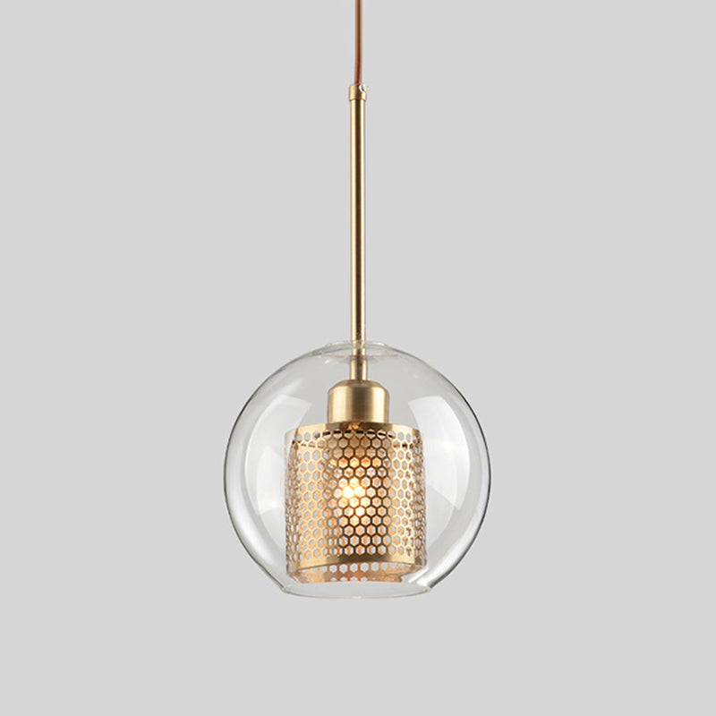 Cylinder Dining Room Pendant Lamp Metal 1-Light Contemporary Hanging Light Fixture with Outer Glass Shade Gold Globe Clearhalo 'Ceiling Lights' 'Glass shade' 'Glass' 'Modern Pendants' 'Modern' 'Pendant Lights' 'Pendants' Lighting' 2039054