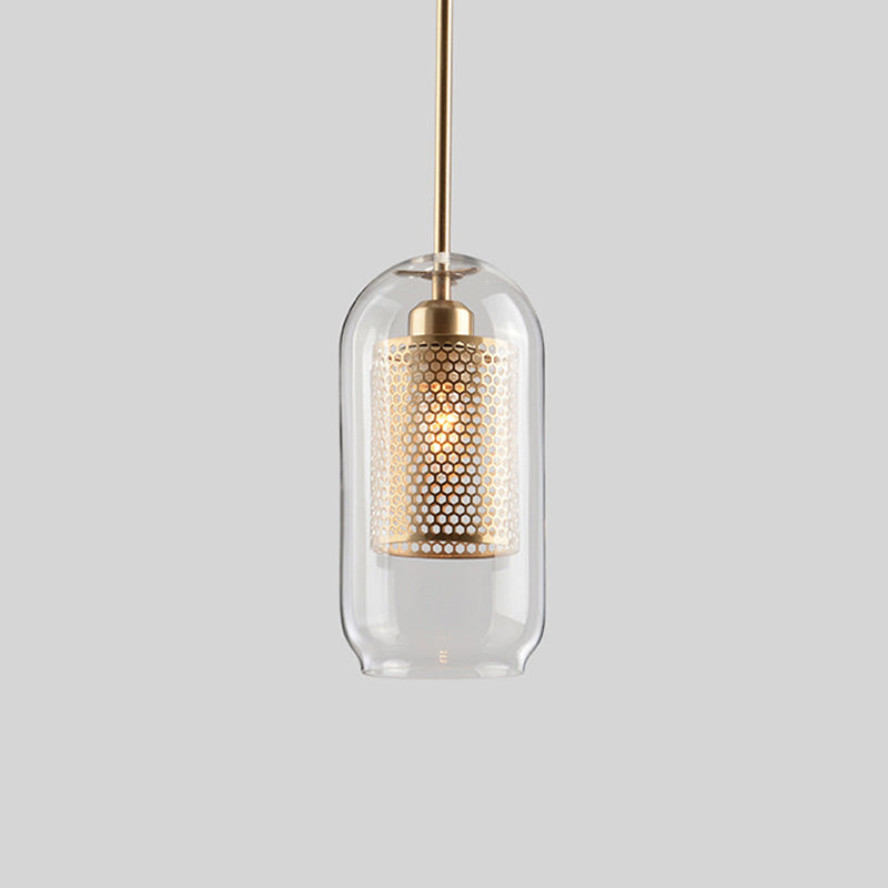 Cylinder Dining Room Pendant Lamp Metal 1-Light Contemporary Hanging Light Fixture with Outer Glass Shade Gold Tube Clearhalo 'Ceiling Lights' 'Glass shade' 'Glass' 'Modern Pendants' 'Modern' 'Pendant Lights' 'Pendants' Lighting' 2039056