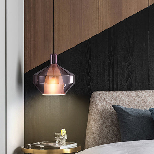 1 Bulb Dining Room Pendulum Light Modern Drop Lamp with Geometry Glass Shade Purple Clearhalo 'Ceiling Lights' 'Glass shade' 'Glass' 'Island Lights' 'Modern Pendants' 'Modern' 'Pendant Lights' 'Pendants' Lighting' 2039060