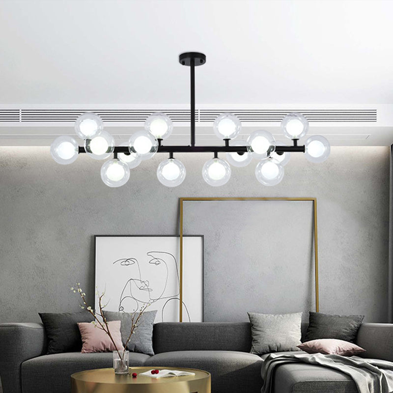 Clear and Frosted Glass Orb Island Lamp Contemporary 16 Heads Hanging Ceiling Light for Living Room Black Clearhalo 'Ceiling Lights' 'Chandeliers' 'Glass shade' 'Glass' 'Island Lights' Lighting' 2039101