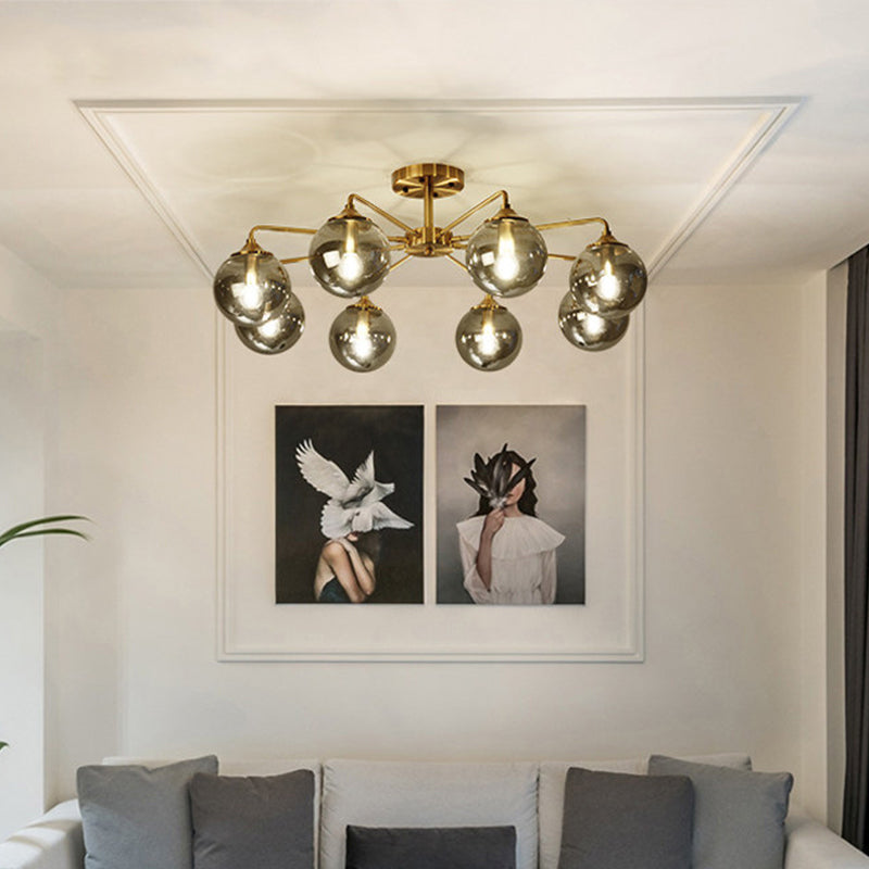 Modern Semi Flush Gold Global Ceiling Light Fixture with Glass Shade for Living Room 8 Gold Smoke Grey Clearhalo 'Ceiling Lights' 'Close To Ceiling Lights' 'Close to ceiling' 'Glass shade' 'Glass' 'Semi-flushmount' Lighting' 2039244