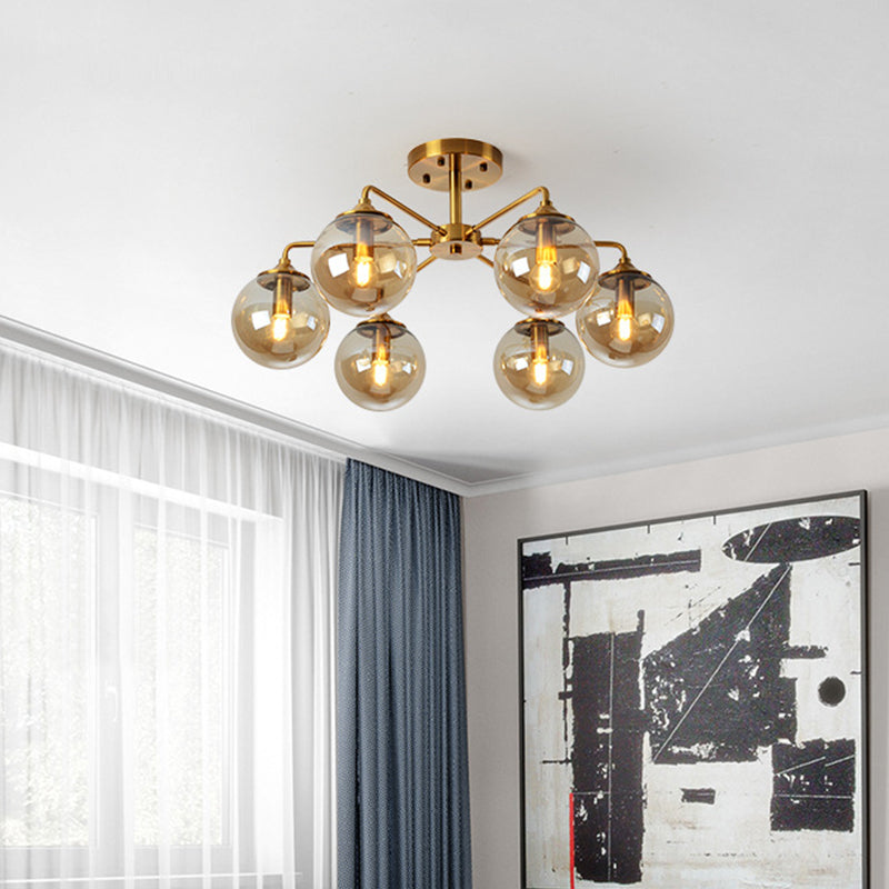 Modern Semi Flush Gold Global Ceiling Light Fixture with Glass Shade for Living Room 6 Gold Amber Clearhalo 'Ceiling Lights' 'Close To Ceiling Lights' 'Close to ceiling' 'Glass shade' 'Glass' 'Semi-flushmount' Lighting' 2039250