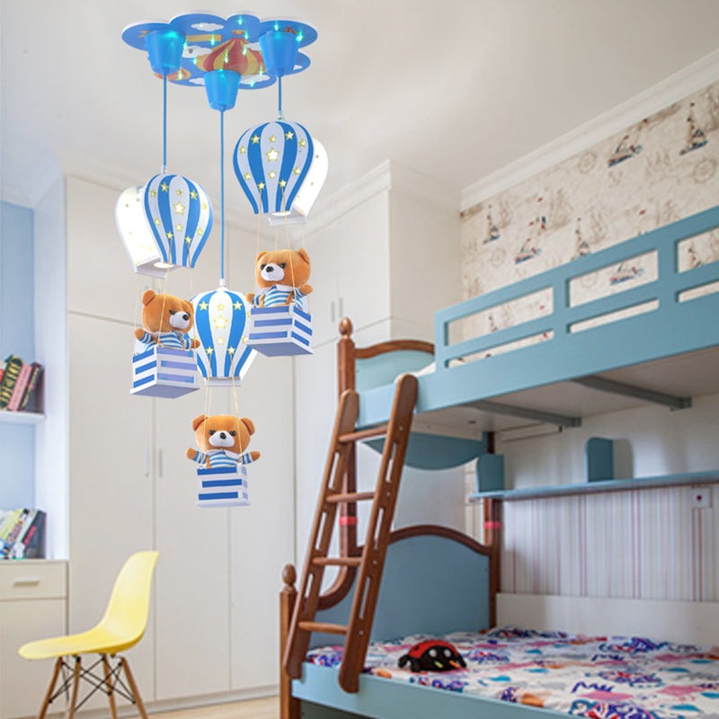 Contemporary Bear Pendant Light Wood 3 Lights Hanging Lamp for Baby Girls Boys Bedroom Blue Clearhalo 'Ceiling Lights' 'Pendant Lights' 'Pendants' Lighting' 203930_a2d9b527-5431-4ddd-8b84-eab8186296b9