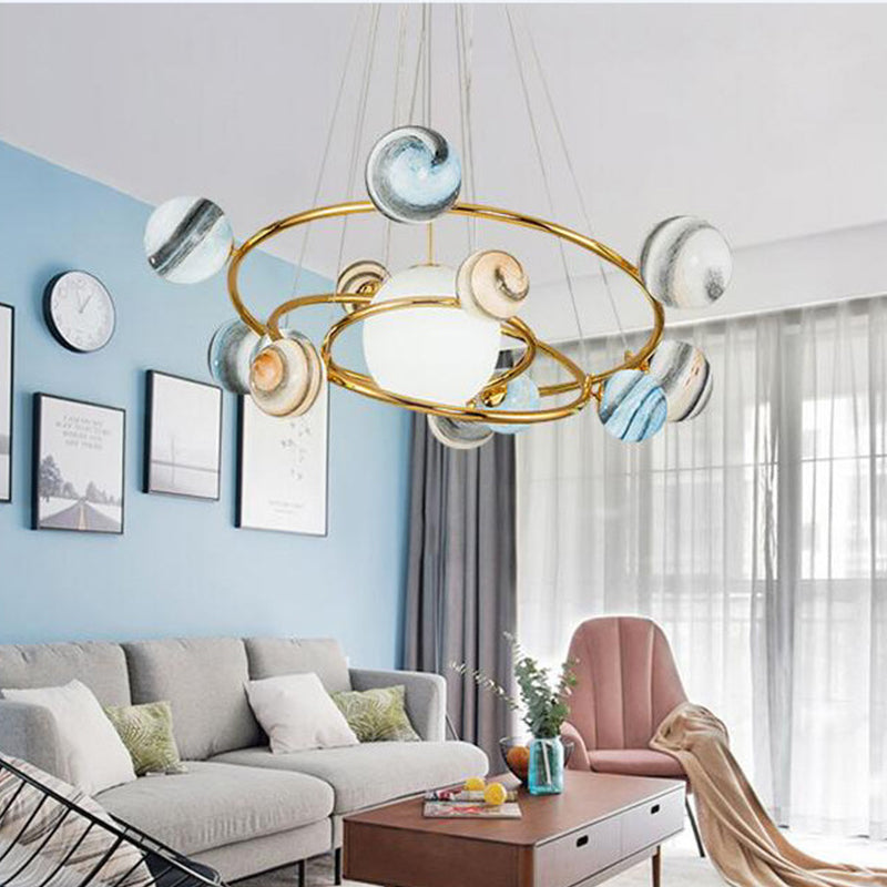 Stained Glass Solar System Chandelier Modern Style Pendant Light Kit in Gold for Living Room 13 Gold Cord Clearhalo 'Ceiling Lights' 'Chandeliers' 'Glass shade' 'Glass' 'Modern Chandeliers' 'Modern' Lighting' 2039422