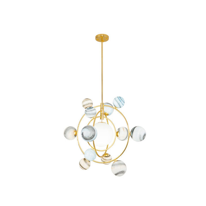Stained Glass Solar System Chandelier Modern Style Pendant Light Kit in Gold for Living Room 13 Gold Downrods Clearhalo 'Ceiling Lights' 'Chandeliers' 'Glass shade' 'Glass' 'Modern Chandeliers' 'Modern' Lighting' 2039424