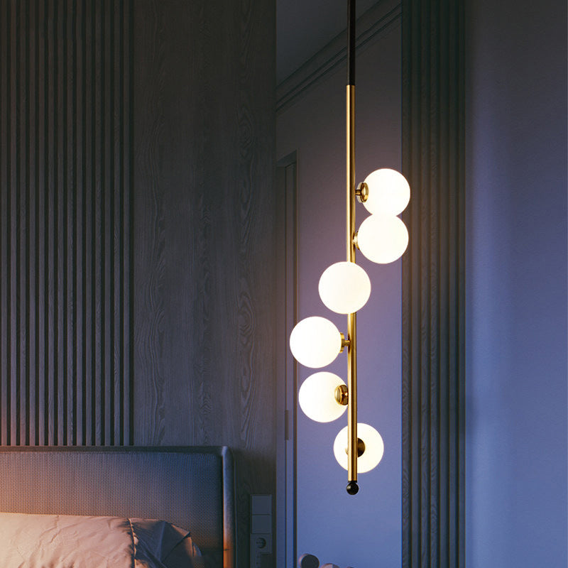 6 Heads Bedroom Pendant Chandelier Simple Gold Hanging Light Fixture with Globe Opaline Glass Shade Clearhalo 'Ceiling Lights' 'Chandeliers' 'Glass shade' 'Glass' 'Modern Chandeliers' 'Modern' Lighting' 2039436