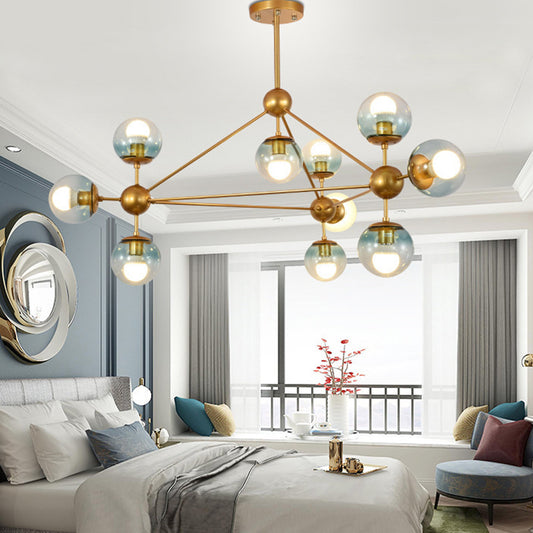 Gradient Blue Glass Ball Pendant Lamp Contemporary 10-Head Gold Chandelier Lighting for Bedroom Clearhalo 'Ceiling Lights' 'Chandeliers' 'Glass shade' 'Glass' 'Modern Chandeliers' 'Modern' Lighting' 2039444
