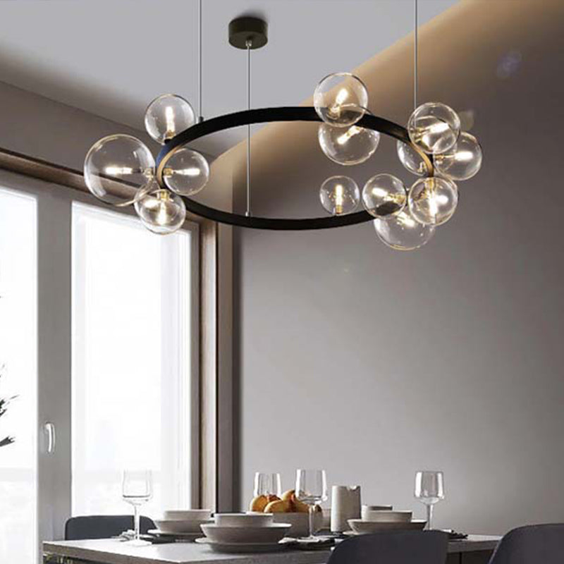 Orb Clear Glass Chandelier Light Minimalist Black Pendant Lighting Fixture for Dining Room 15 Black Clearhalo 'Ceiling Lights' 'Chandeliers' 'Glass shade' 'Glass' 'Modern Chandeliers' 'Modern' Lighting' 2039463
