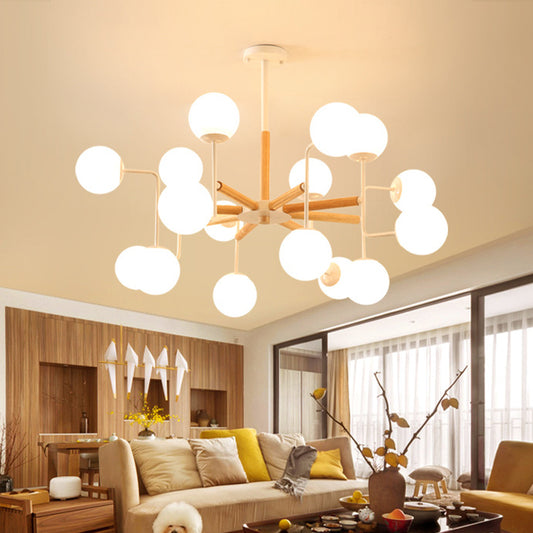 Simple Chandelier Lighting Fixture Wood Spherical Pendant Lamp with Opaline Glass Shade Clearhalo 'Ceiling Lights' 'Chandeliers' 'Glass shade' 'Glass' 'Modern Chandeliers' 'Modern' Lighting' 2039477