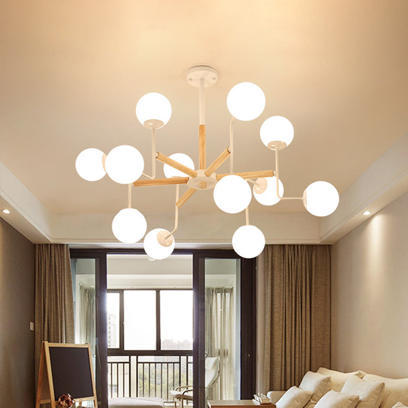 Simple Chandelier Lighting Fixture Wood Spherical Pendant Lamp with Opaline Glass Shade 12 Wood Clearhalo 'Ceiling Lights' 'Chandeliers' 'Glass shade' 'Glass' 'Modern Chandeliers' 'Modern' Lighting' 2039479