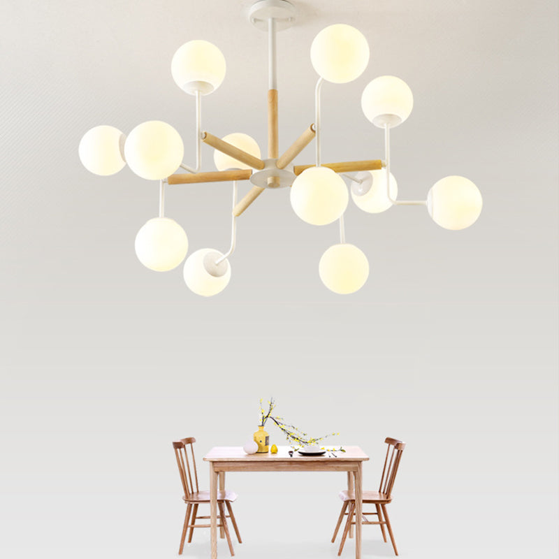 Simple Chandelier Lighting Fixture Wood Spherical Pendant Lamp with Opaline Glass Shade Clearhalo 'Ceiling Lights' 'Chandeliers' 'Glass shade' 'Glass' 'Modern Chandeliers' 'Modern' Lighting' 2039481
