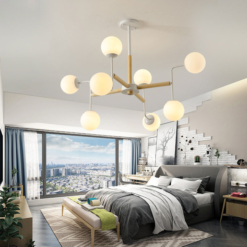 Simple Chandelier Lighting Fixture Wood Spherical Pendant Lamp with Opaline Glass Shade Clearhalo 'Ceiling Lights' 'Chandeliers' 'Glass shade' 'Glass' 'Modern Chandeliers' 'Modern' Lighting' 2039483