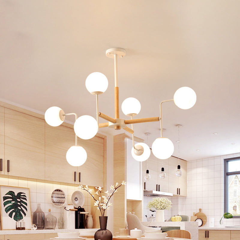 Simple Chandelier Lighting Fixture Wood Spherical Pendant Lamp with Opaline Glass Shade Clearhalo 'Ceiling Lights' 'Chandeliers' 'Glass shade' 'Glass' 'Modern Chandeliers' 'Modern' Lighting' 2039484