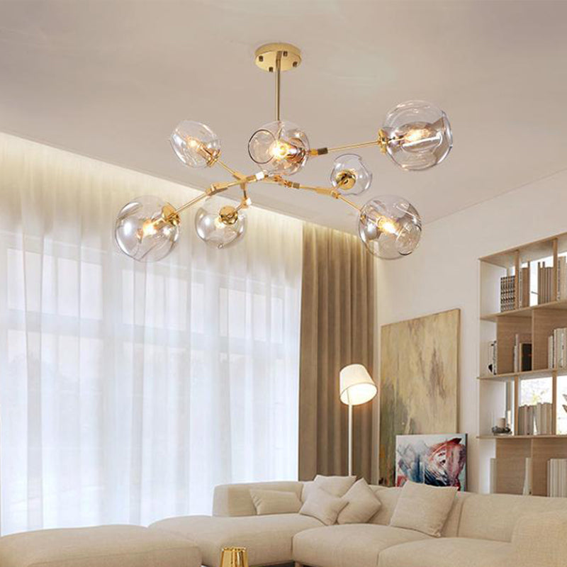 Simplicity Cup Shade Drop Pendant Clear Dimpled Glass 7-Bulb Dining Room Pendant Chandelier in Gold Clearhalo 'Ceiling Lights' 'Chandeliers' 'Glass shade' 'Glass' 'Modern Chandeliers' 'Modern' Lighting' 2039516
