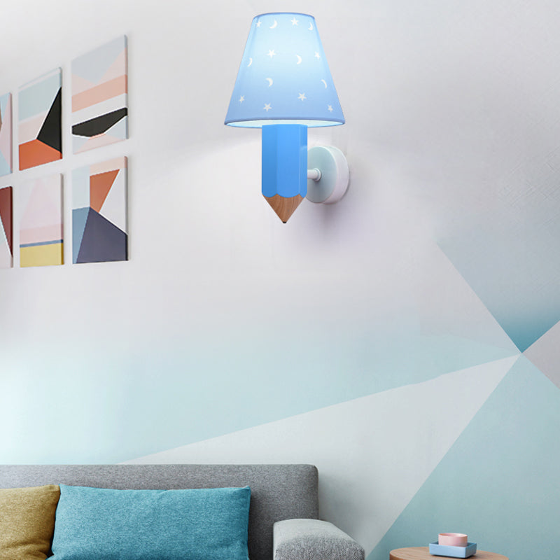 Pencil Child Bedroom Wall Light with Tapered Shade Resin 1 Head Modern Sconce Light in Blue Blue Clearhalo 'Wall Lamps & Sconces' 'Wall Lights' Lighting' 203954