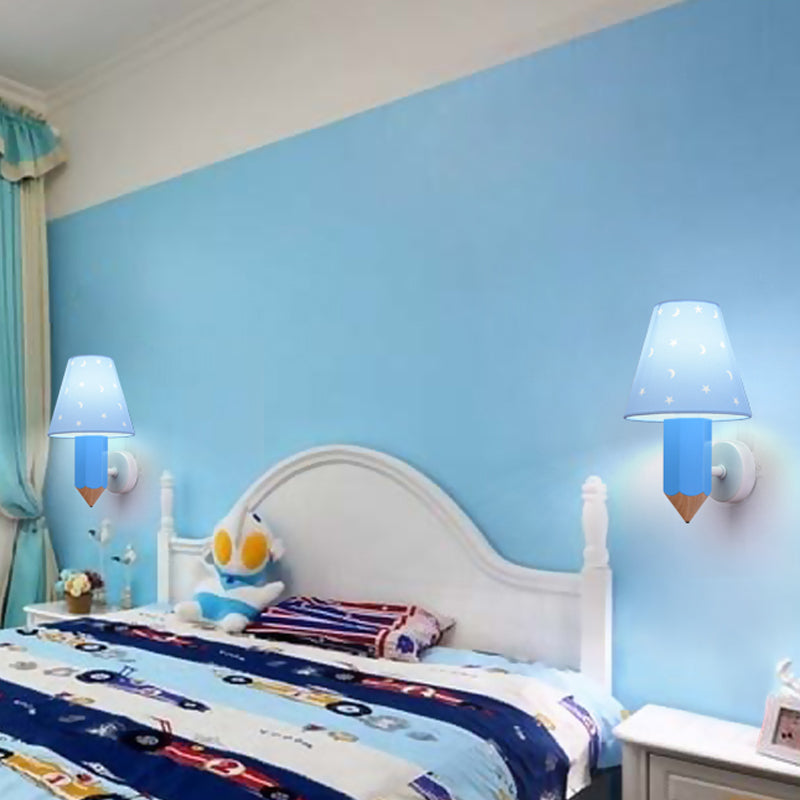 Pencil Child Bedroom Wall Light with Tapered Shade Resin 1 Head Modern Sconce Light in Blue Clearhalo 'Wall Lamps & Sconces' 'Wall Lights' Lighting' 203956