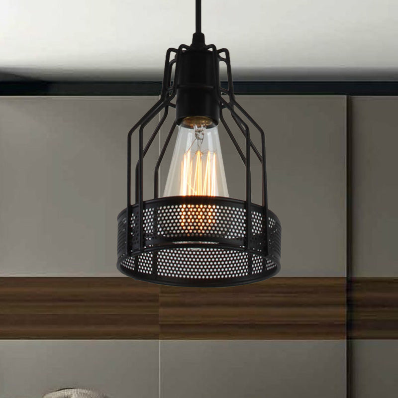 Caged Restaurant Pendant Lighting Antique Industrial Metal 1 Bulb Black Hanging Fixture with Mesh Screen Black Clearhalo 'Ceiling Lights' 'Modern Pendants' 'Modern' 'Pendant Lights' 'Pendants' Lighting' 203965