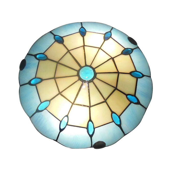 12"/16"/19.5" Wide Bedroom Ceiling Light Tiffany Blue Dome Shade Flush Mount Light with Jewel Decoration Blue 12" Clearhalo 'Ceiling Lights' 'Close To Ceiling Lights' 'Close to ceiling' 'Flush mount' Lighting' 20401