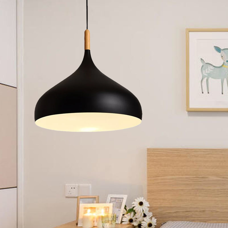 12.5"/16.5" W Dome Metallic Pendant Ceiling Lamp Simple Style 1 Head Dining Room Hanging Lamp in Black/White Black 12.5" Clearhalo 'Ceiling Lights' 'Modern Pendants' 'Modern' 'Pendant Lights' 'Pendants' Lighting' 204010