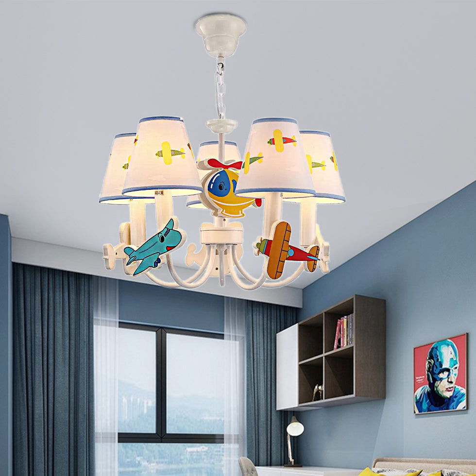 Kids White Suspension Light with Airplane Tapered Shade 5 Lights Metal Chandelier for Bedroom White Clearhalo 'Ceiling Lights' 'Chandeliers' Lighting' options 204021_0bf405f7-005c-47d2-ad2c-adf4575e8a26