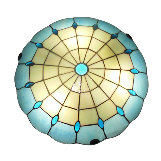 12"/16"/19.5" Wide Bedroom Ceiling Light Tiffany Blue Dome Shade Flush Mount Light with Jewel Decoration Blue 16" Clearhalo 'Ceiling Lights' 'Close To Ceiling Lights' 'Close to ceiling' 'Flush mount' Lighting' 20403