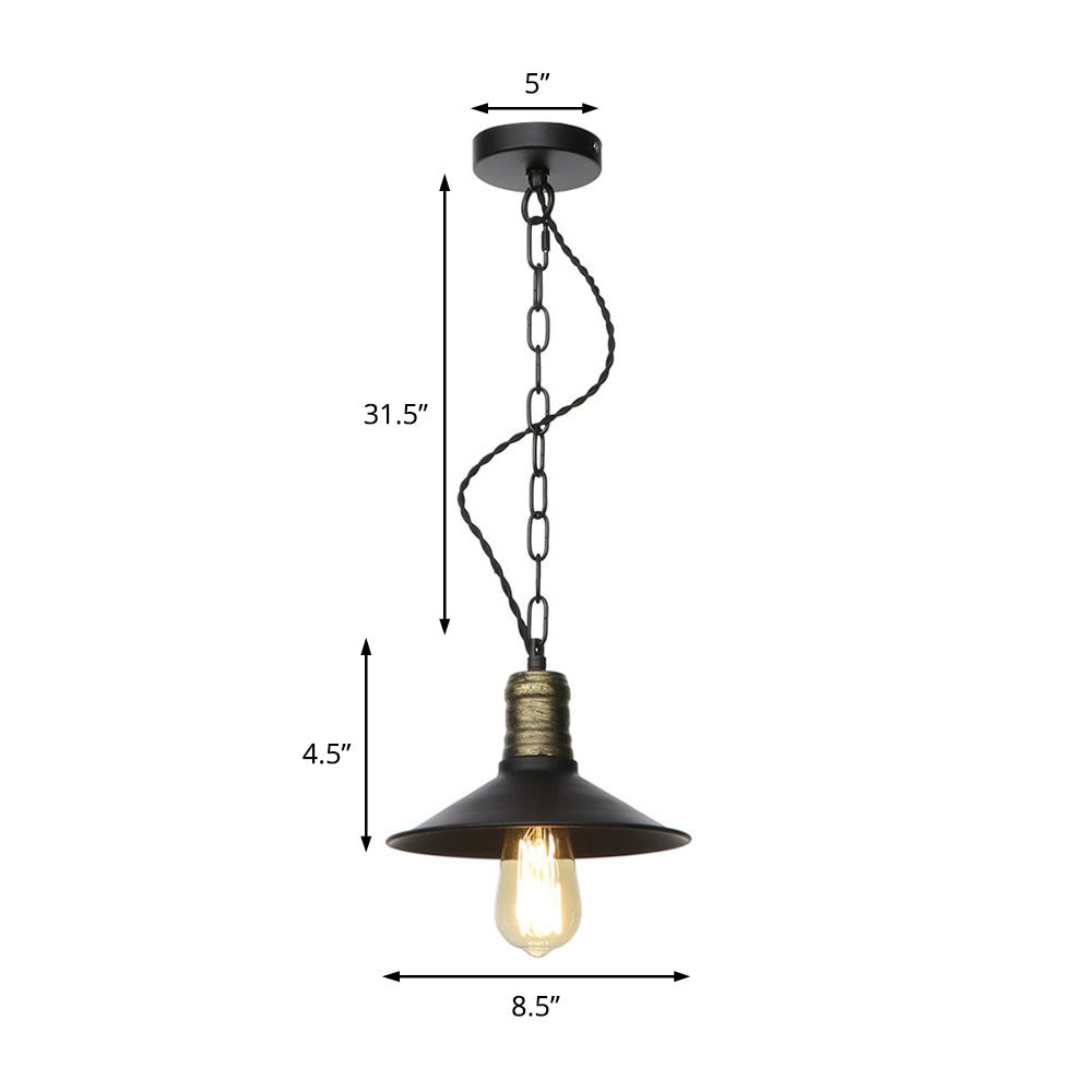 7"/8.5"/10" Wide Wrought Iron Black Pendant Flat 1-Light Retro Hanging Ceiling Light for Living Room Clearhalo 'Art Deco Pendants' 'Black' 'Cast Iron' 'Ceiling Lights' 'Ceramic' 'Crystal' 'Industrial Pendants' 'Industrial' 'Metal' 'Middle Century Pendants' 'Pendant Lights' 'Pendants' 'Rustic Pendants' 'Tiffany' Lighting' 204038