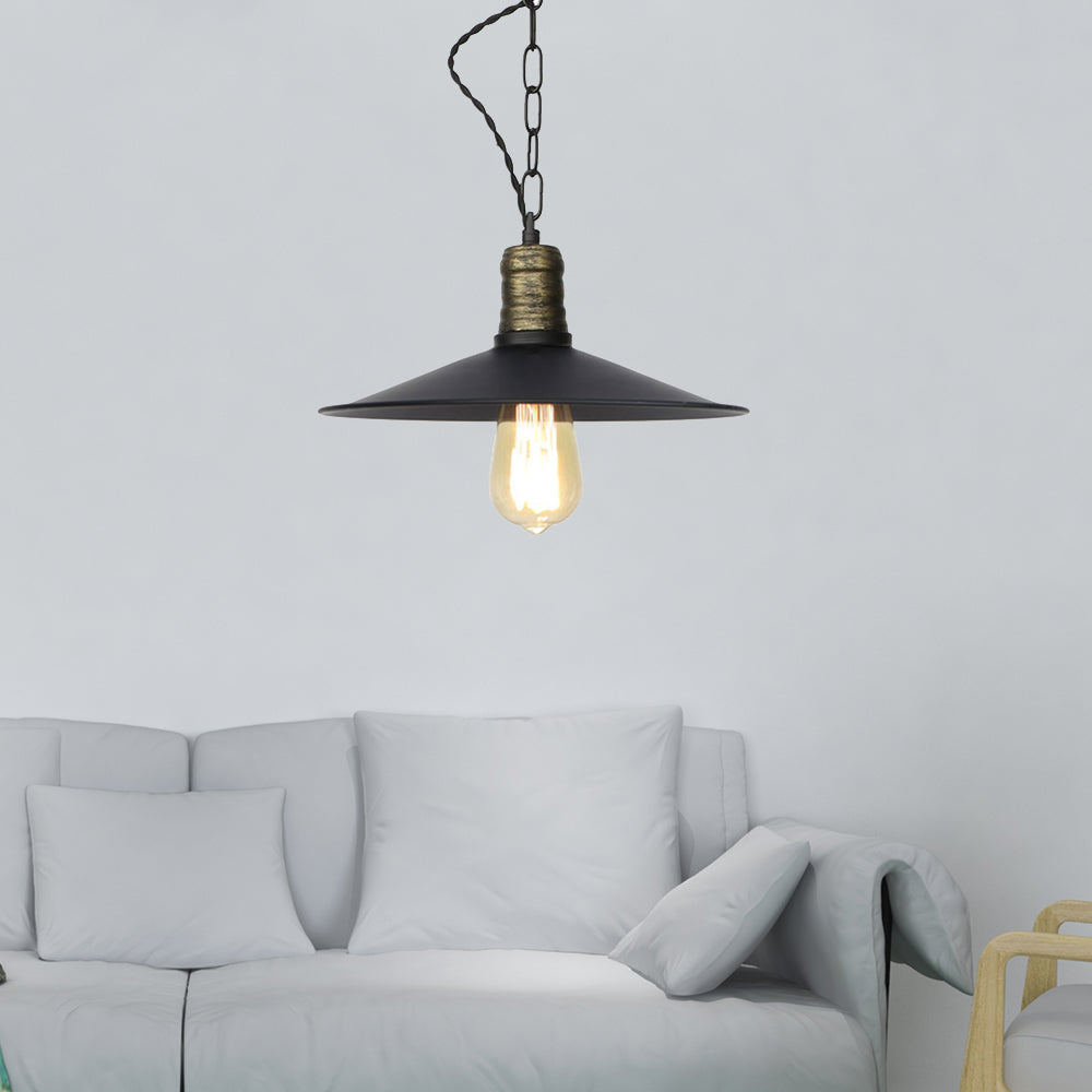 7"/8.5"/10" Wide Wrought Iron Black Pendant Flat 1-Light Retro Hanging Ceiling Light for Living Room Black 12" Clearhalo 'Art Deco Pendants' 'Black' 'Cast Iron' 'Ceiling Lights' 'Ceramic' 'Crystal' 'Industrial Pendants' 'Industrial' 'Metal' 'Middle Century Pendants' 'Pendant Lights' 'Pendants' 'Rustic Pendants' 'Tiffany' Lighting' 204043