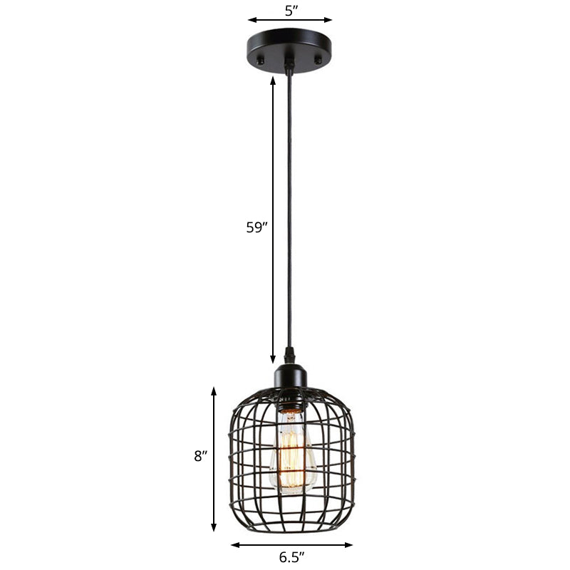 1-Light Cylindrical Wire Cage Pendant Lighting Retro Black Metal Hanging Ceiling Light for Restaurant Clearhalo 'Art Deco Pendants' 'Black' 'Cast Iron' 'Ceiling Lights' 'Ceramic' 'Crystal' 'Industrial Pendants' 'Industrial' 'Metal' 'Middle Century Pendants' 'Pendant Lights' 'Pendants' 'Rustic Pendants' 'Tiffany' Lighting' 204083