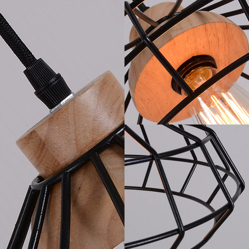 1-Light Pendant Light Modern Caged Metal Hanging Lamp with Wooden Cap in Black for Dining Room Clearhalo 'Art Deco Pendants' 'Black' 'Cast Iron' 'Ceiling Lights' 'Ceramic' 'Crystal' 'Industrial Pendants' 'Industrial' 'Metal' 'Middle Century Pendants' 'Pendant Lights' 'Pendants' 'Rustic Pendants' 'Tiffany' Lighting' 204092