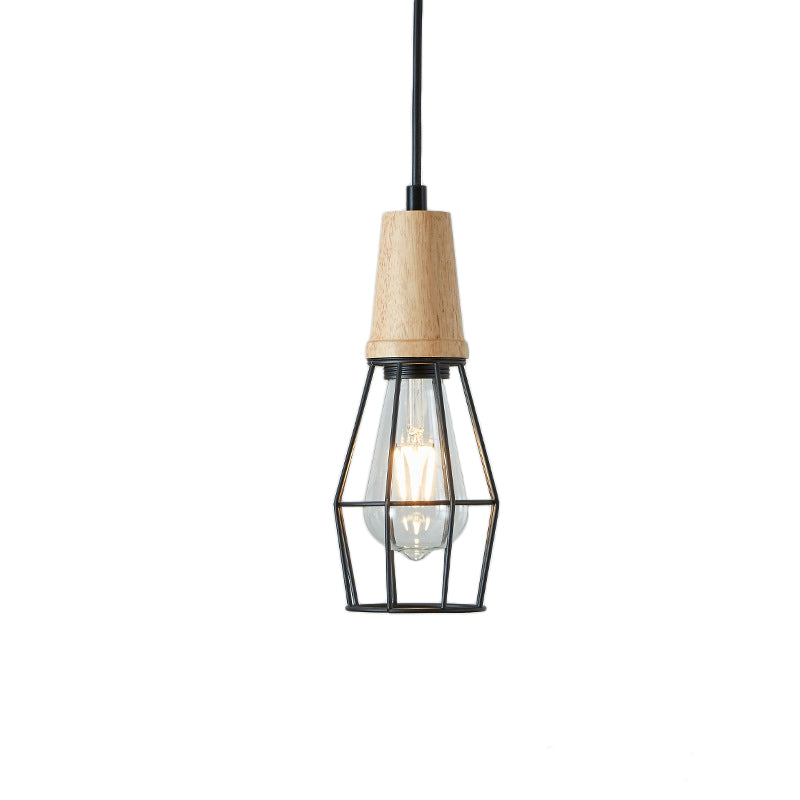 1-Light Ceiling Light Industrial Geometric Cage Style Iron Pendant Lamp with Wooden Top in Black/Chrome/Rose Gold for Bedroom Clearhalo 'Art Deco Pendants' 'Black' 'Cast Iron' 'Ceiling Lights' 'Ceramic' 'Crystal' 'Industrial Pendants' 'Industrial' 'Metal' 'Middle Century Pendants' 'Pendant Lights' 'Pendants' 'Rustic Pendants' 'Tiffany' Lighting' 204095
