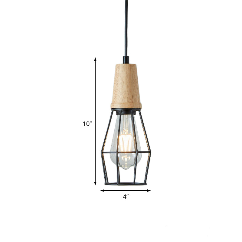1-Light Ceiling Light Industrial Geometric Cage Style Iron Pendant Lamp with Wooden Top in Black/Chrome/Rose Gold for Bedroom Clearhalo 'Art Deco Pendants' 'Black' 'Cast Iron' 'Ceiling Lights' 'Ceramic' 'Crystal' 'Industrial Pendants' 'Industrial' 'Metal' 'Middle Century Pendants' 'Pendant Lights' 'Pendants' 'Rustic Pendants' 'Tiffany' Lighting' 204096