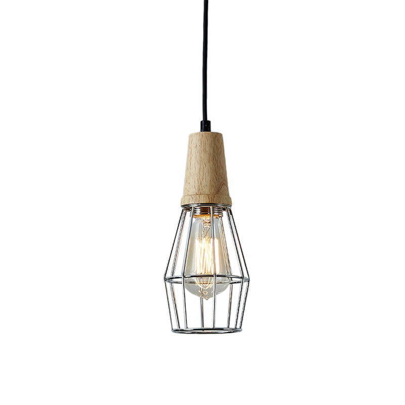 1-Light Ceiling Light Industrial Geometric Cage Style Iron Pendant Lamp with Wooden Top in Black/Chrome/Rose Gold for Bedroom Clearhalo 'Art Deco Pendants' 'Black' 'Cast Iron' 'Ceiling Lights' 'Ceramic' 'Crystal' 'Industrial Pendants' 'Industrial' 'Metal' 'Middle Century Pendants' 'Pendant Lights' 'Pendants' 'Rustic Pendants' 'Tiffany' Lighting' 204100
