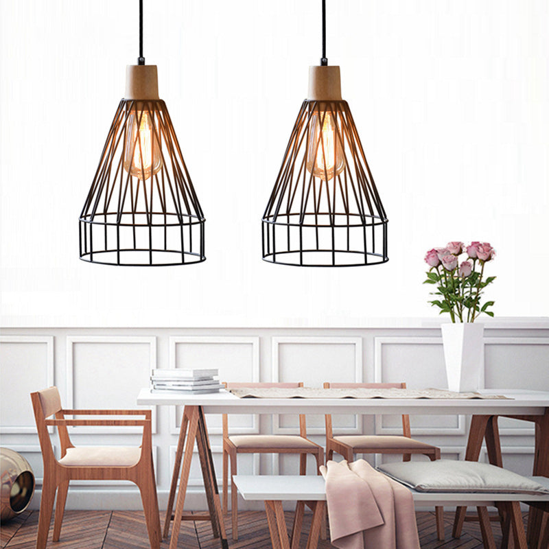 12"/13" H 1-Light Pendant Light Fixture Modern Geometric Wire Cage Iron Pendant Lamp with Wooden Top in Black for Bedroom Black 13" Clearhalo 'Art Deco Pendants' 'Black' 'Cast Iron' 'Ceiling Lights' 'Ceramic' 'Crystal' 'Industrial Pendants' 'Industrial' 'Metal' 'Middle Century Pendants' 'Pendant Lights' 'Pendants' 'Rustic Pendants' 'Tiffany' Lighting' 204114