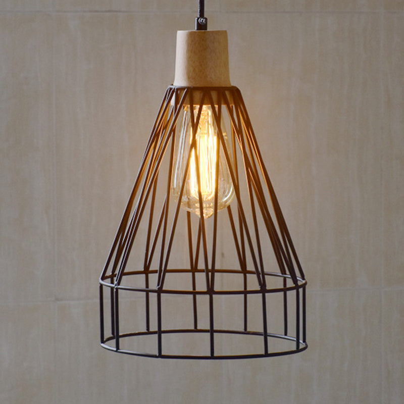 12"/13" H 1-Light Pendant Light Fixture Modern Geometric Wire Cage Iron Pendant Lamp with Wooden Top in Black for Bedroom Clearhalo 'Art Deco Pendants' 'Black' 'Cast Iron' 'Ceiling Lights' 'Ceramic' 'Crystal' 'Industrial Pendants' 'Industrial' 'Metal' 'Middle Century Pendants' 'Pendant Lights' 'Pendants' 'Rustic Pendants' 'Tiffany' Lighting' 204115