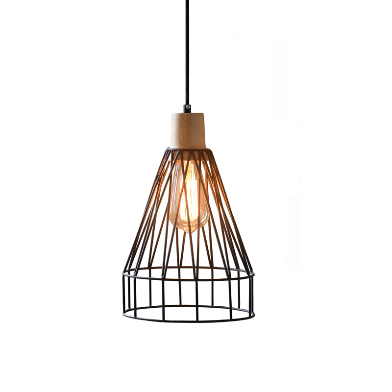 12"/13" H 1-Light Pendant Light Fixture Modern Geometric Wire Cage Iron Pendant Lamp with Wooden Top in Black for Bedroom Clearhalo 'Art Deco Pendants' 'Black' 'Cast Iron' 'Ceiling Lights' 'Ceramic' 'Crystal' 'Industrial Pendants' 'Industrial' 'Metal' 'Middle Century Pendants' 'Pendant Lights' 'Pendants' 'Rustic Pendants' 'Tiffany' Lighting' 204116