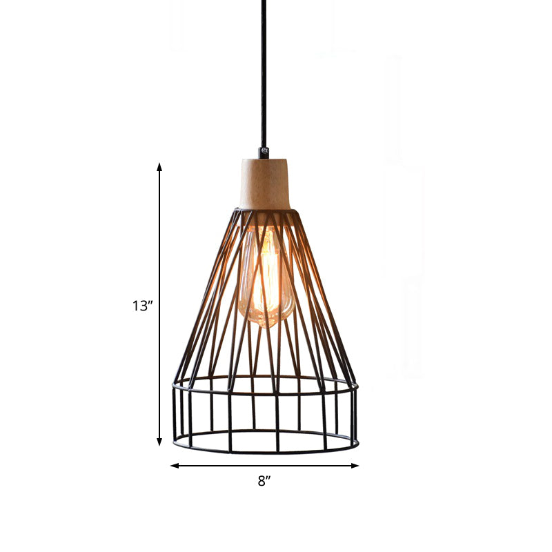 12"/13" H 1-Light Pendant Light Fixture Modern Geometric Wire Cage Iron Pendant Lamp with Wooden Top in Black for Bedroom Clearhalo 'Art Deco Pendants' 'Black' 'Cast Iron' 'Ceiling Lights' 'Ceramic' 'Crystal' 'Industrial Pendants' 'Industrial' 'Metal' 'Middle Century Pendants' 'Pendant Lights' 'Pendants' 'Rustic Pendants' 'Tiffany' Lighting' 204117